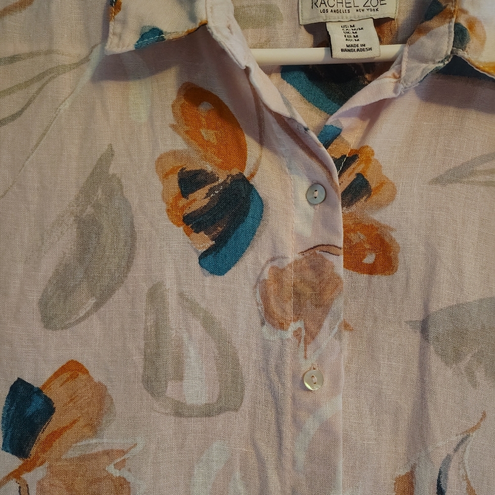 Rachel Zoe Women's Casual Linen Shirt Dress Orange and Blue Floral Pattern - Picture 3 of 6